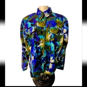 Notions Blazer Purple Blue Green Womens Large Jacket Career Wear Shiny Classy